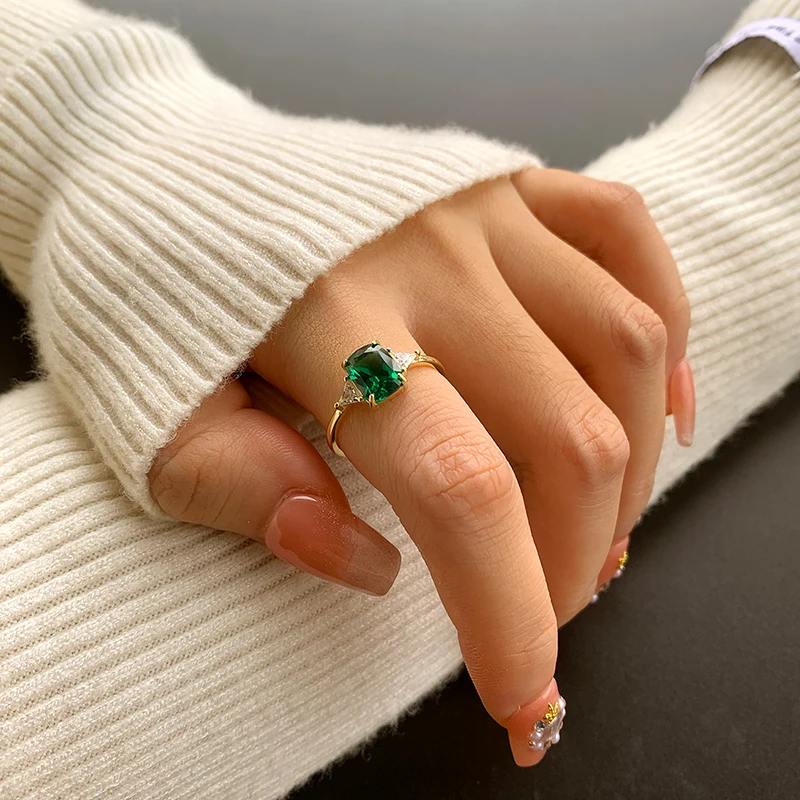 Fashionable Luxury Authentic S925 Sterling Silver 14K Gold Light Green Geometric Jewelry Ring for Women
