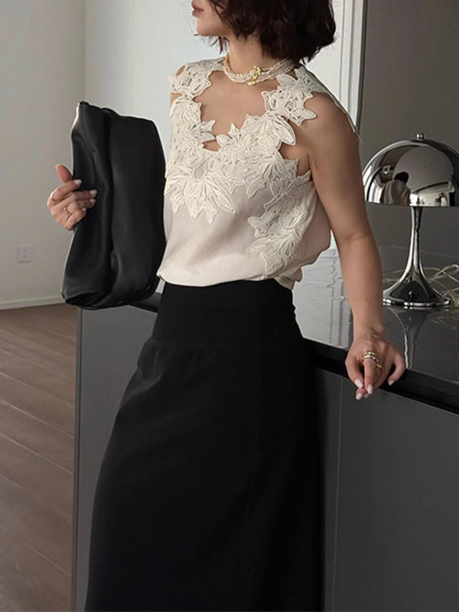 TWOTWINSTYLE, chalecos de temperamento con apliques empalmados sólidos para mujer, chaleco minimalista sin mangas con cuello de pico, ropa de moda femenina nueva