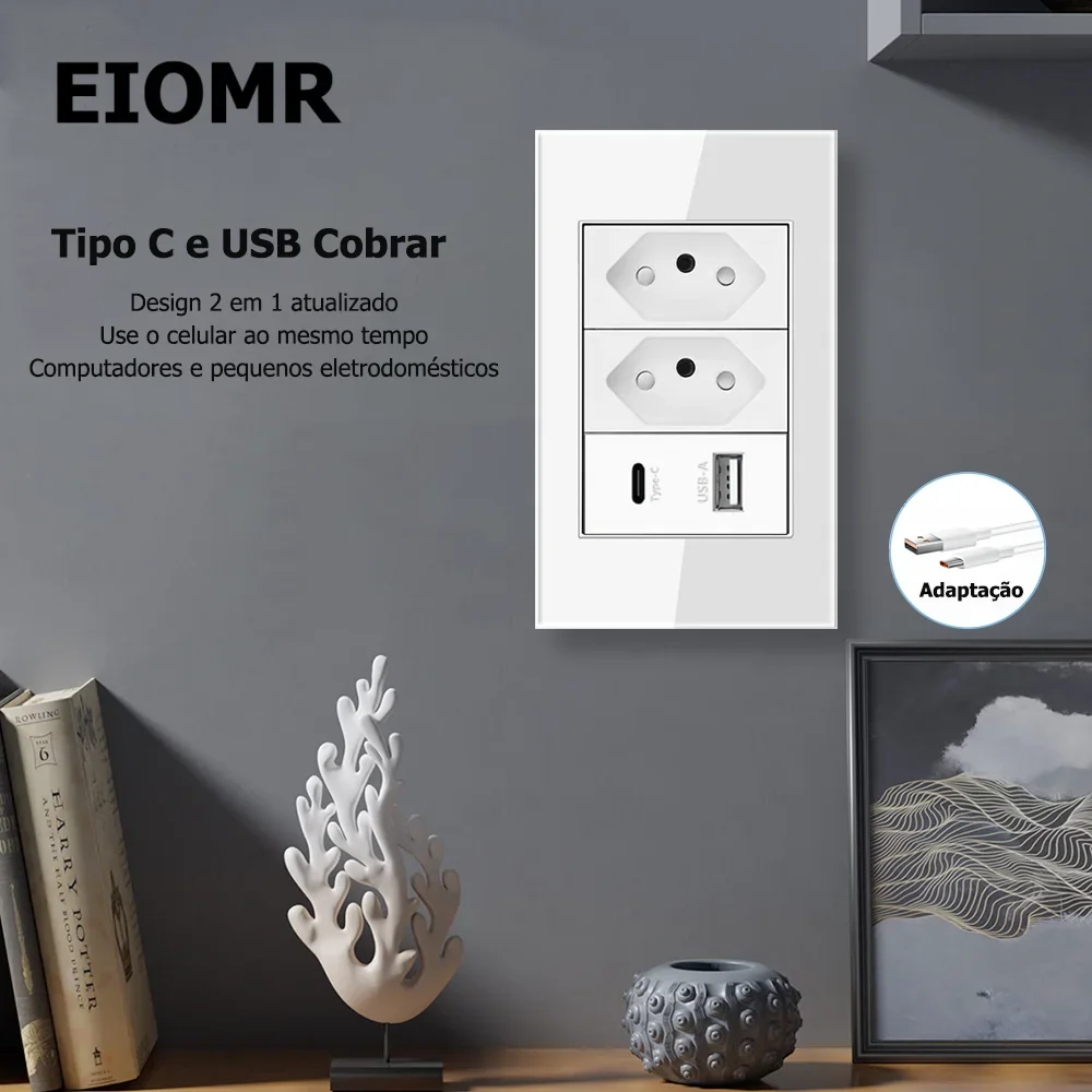 EIOMR White Tempered Glass USB Type C Brazil Standard Outlet, USB Charge TV TEL CAT6 Port, Brazil Plug Wall Socket Light Switch image 2