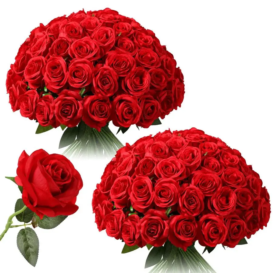 

50 шт. красных роз оптом, реалистичные искусственные шелковые розы на длинных стеблях, букет для свадебного декора, украшения стола, вечеринки, дома, кухни