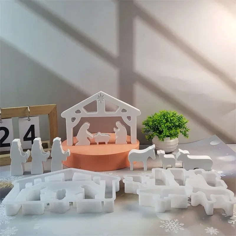 Nativity Scene Candle Holder Silicone Mold for DIY Christmas Decorations Plug-in Resin Concrete Plaster Candlestick Casting