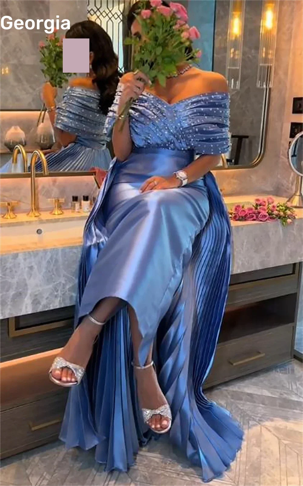 イブニングドレス カスタマイズ ブルーコラム オフショルダー フロアレングス エレガントでかわいい女性用ドレス ジッパーアップ ビーズ付き カクテルドレス