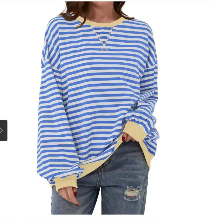 Summer Women's Oversized Striped Color Blocking Long Sleeved Round Neck Sports Shirt Casual Loose Fitting Pullover Shirt