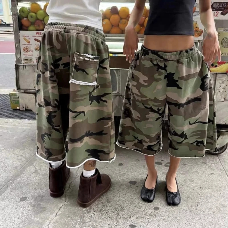 Y2K Unisex Camouflage Retro Workwear Pure Cotton Design Street Harajuku Style Loose Wide Leg Casual Hip-Hop Fashion Crop Pants