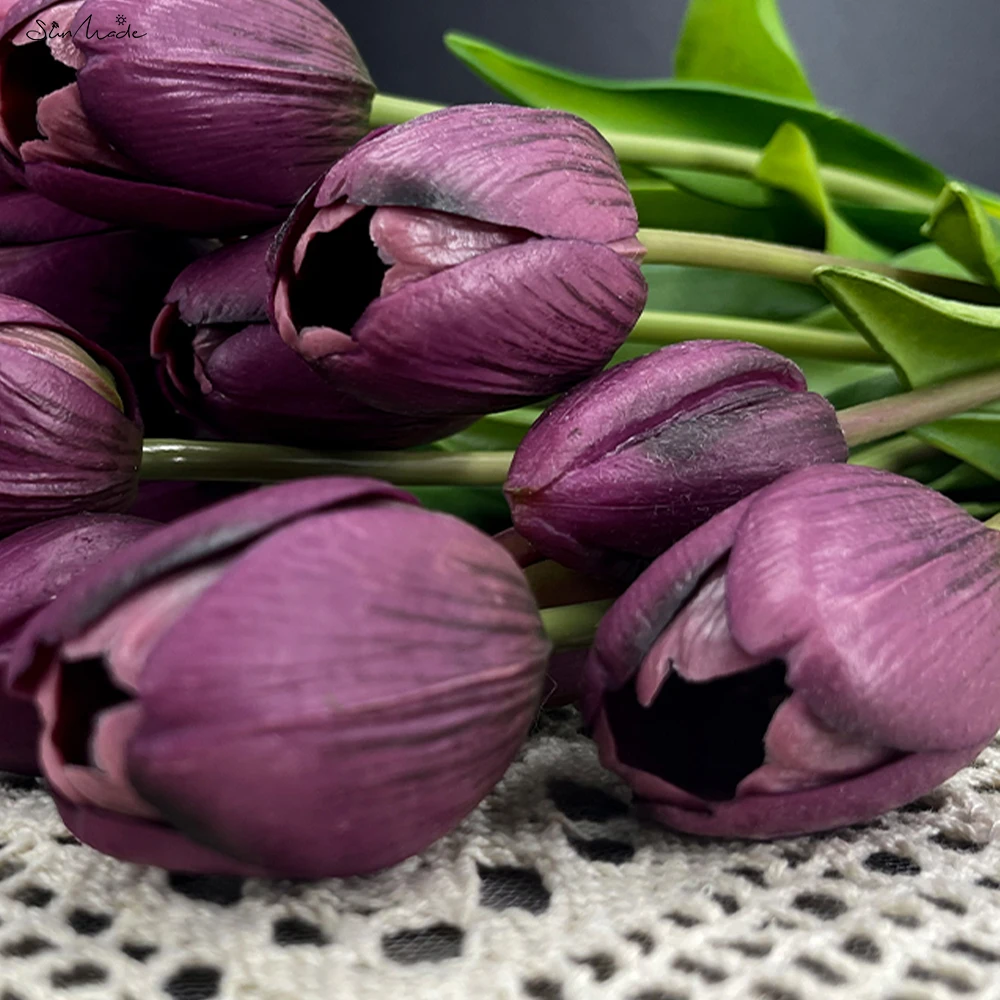 SunMade Luxury Gothic Black Tulip Bouquet Real Touch Artificial Flowers Home Hotel Decoration Flores Artificiais Purple Flower