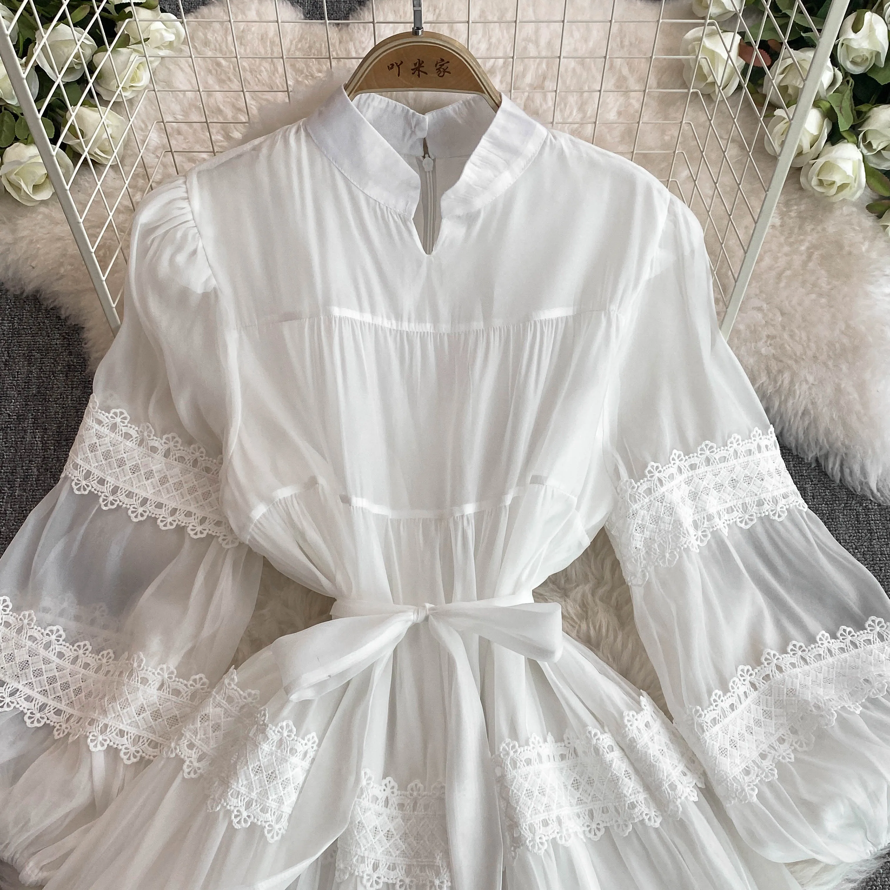 Vestido branco longo para mulheres, costura em renda, em camadas, boho, malha, gola alta, manga sino, elegante, chique, verão, outono, novo, 2021, chique