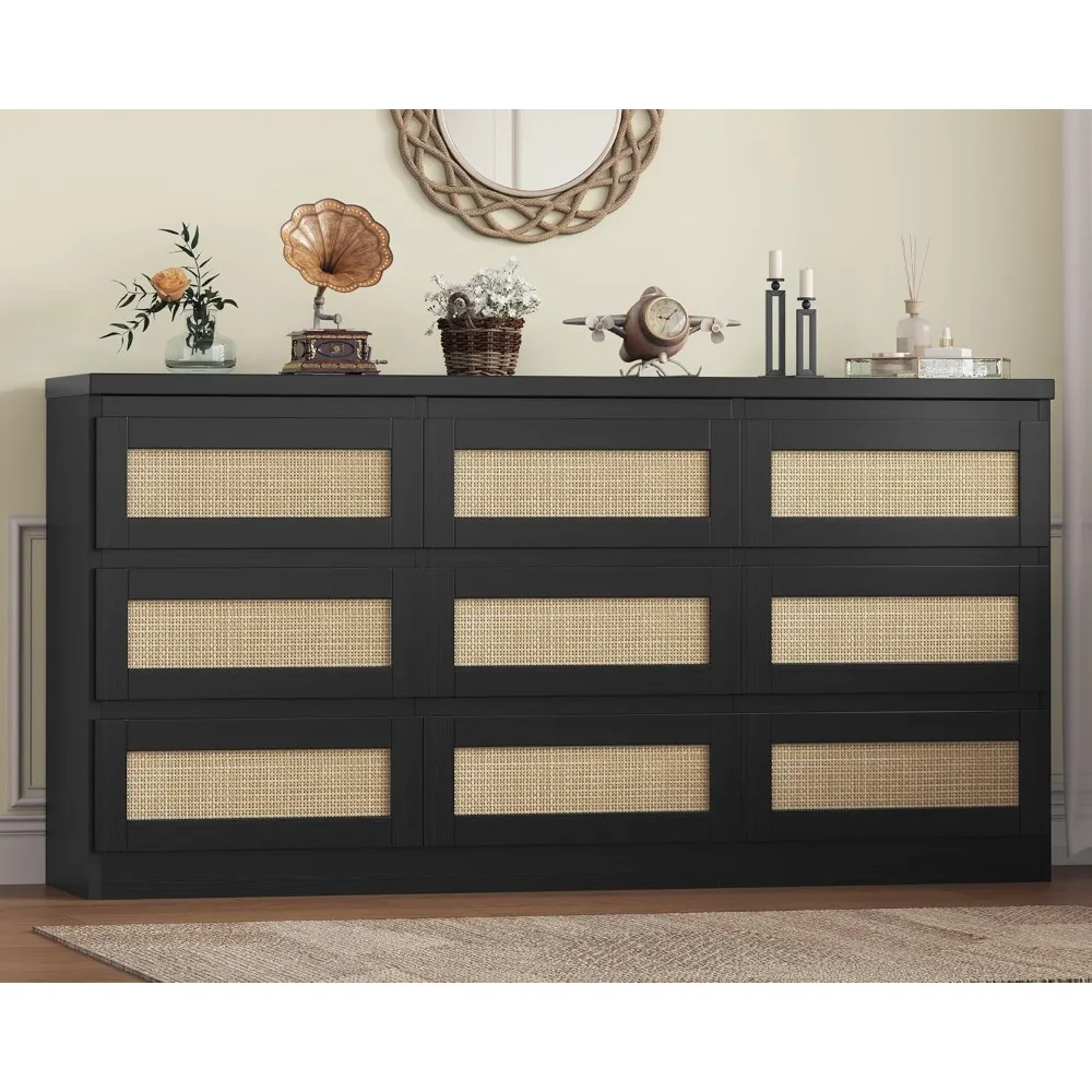 

Rattan 9 Drawer Dresser with Charging Station, Farmhouse Chest of Drawers, Wide Closet Dresser Storage Organizer for Bedroom, Li