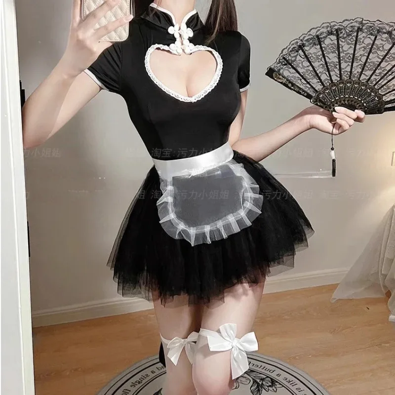 

Chinese Style Cheongsam Dress Maid Uniform Cosplay Costume Hollow See Through Outfits Role Play Nightdress Underwear Lingerie