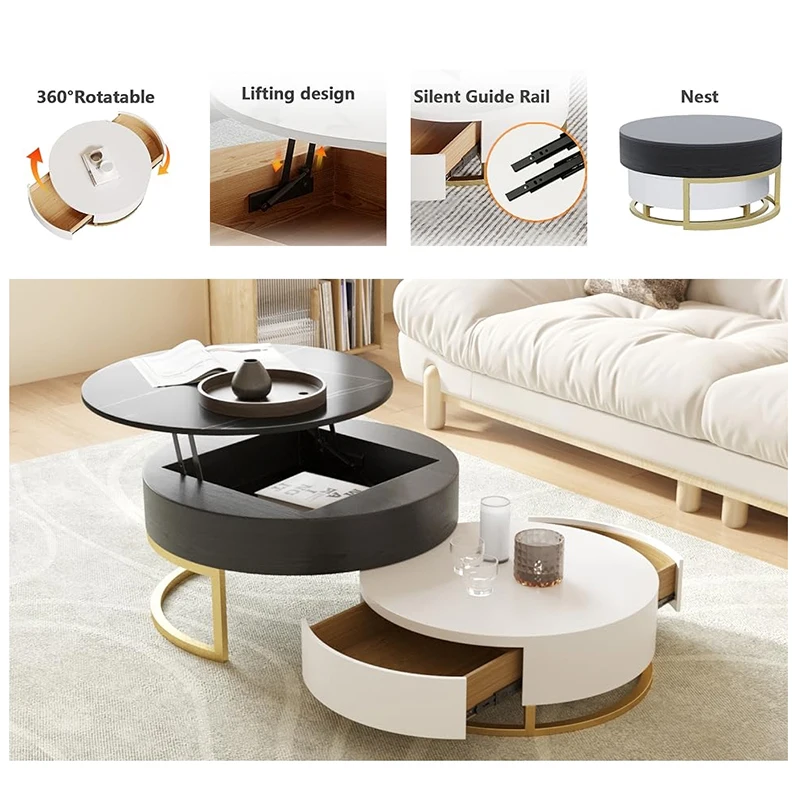 Modern Lift Top Nesting Coffee Table Set Black/White Sintered Stone Round Tabletop with Storage and 2 Drawers for Living Room