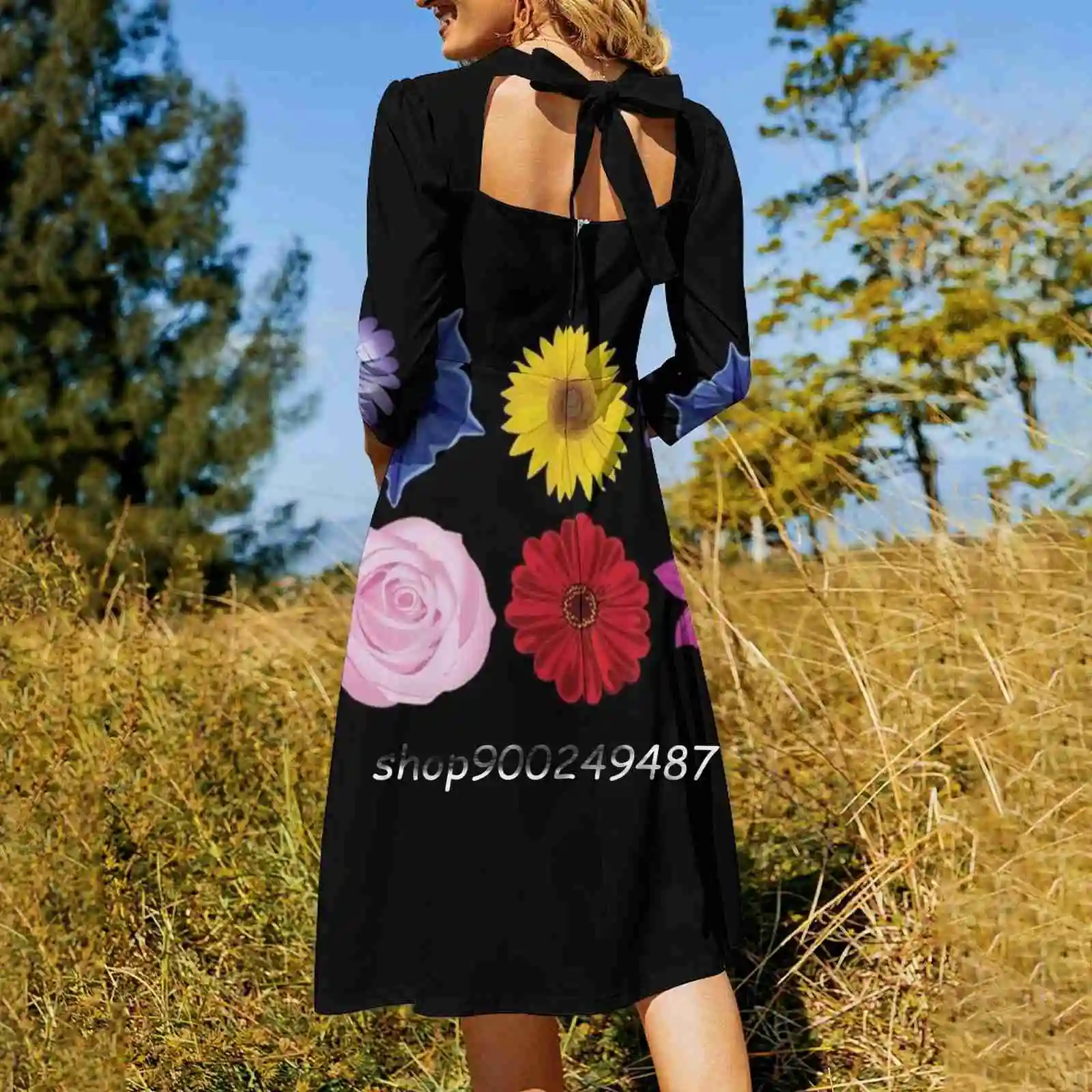 Perfect Flowers Sweetheart Knot Flared Dress Fashion Design Large Size Loose Dress Flowers Purple Yellow Blue Pink Magenta Cool