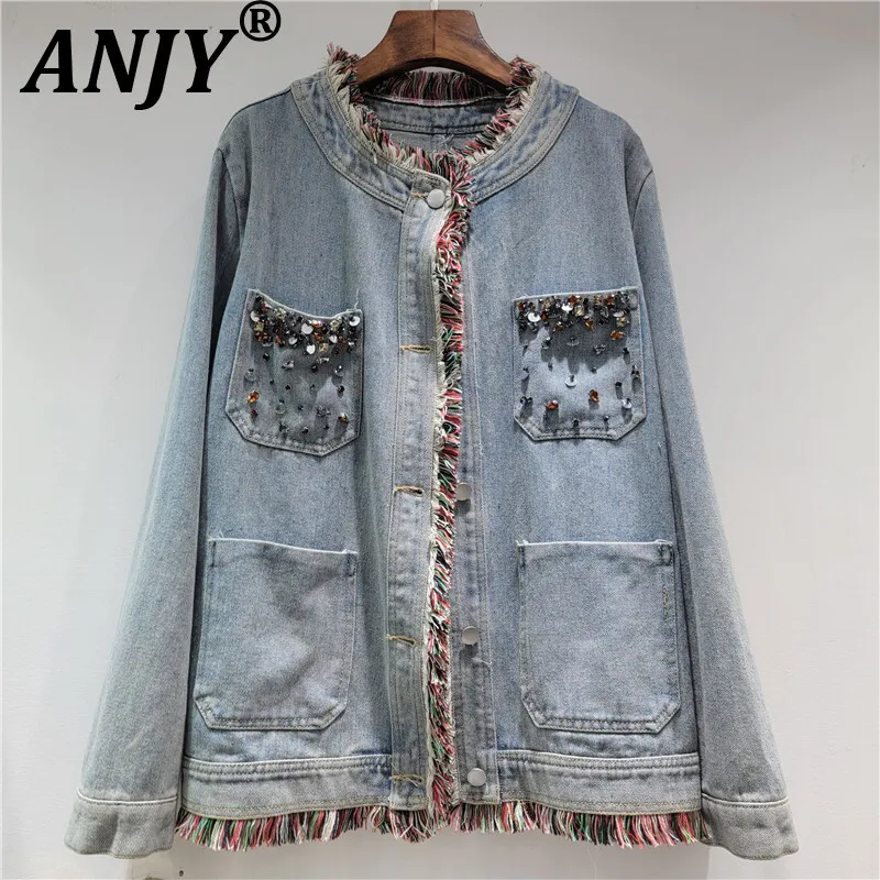 

ANJY Autumn New Women Denim Jacket Contrast Color Tassel Diamonds Long Sleeve Multi-pocket Single Breasted Streetwear Coat A8766