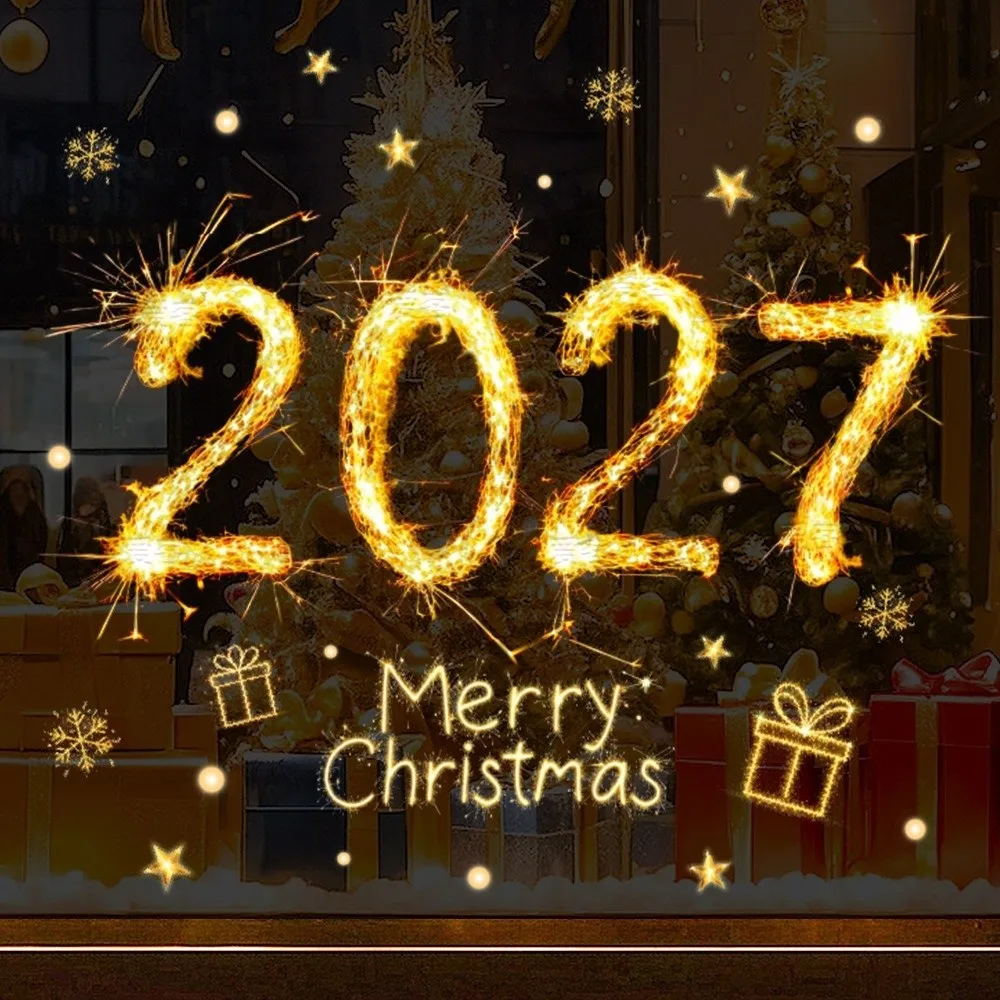 Two-sided 2027 Static Cling Decal Waterproof Removable Static Christmas Glass Window Sticker DIY Small Xmas Party Door Stickers