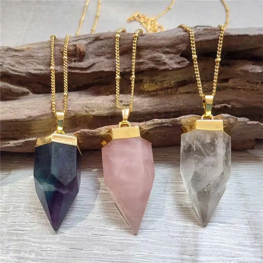 FUWO Natural Fluorite Rose/Clear Quartz Point Neckace,Mineral Crystal Gilt Cap Satellite Link Necklace For Women NC326H 5Pcs/Lot