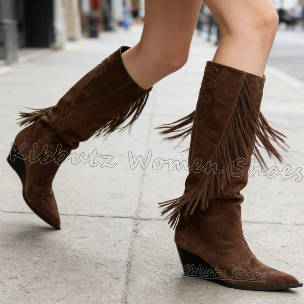 

Сапоги до колена с бахромой, замшевые туфли без шнуровки на танкетке с острым носком, пикантная обувь для девочек, новая модная роскошная элегантная лаконичная сексуальная новинка