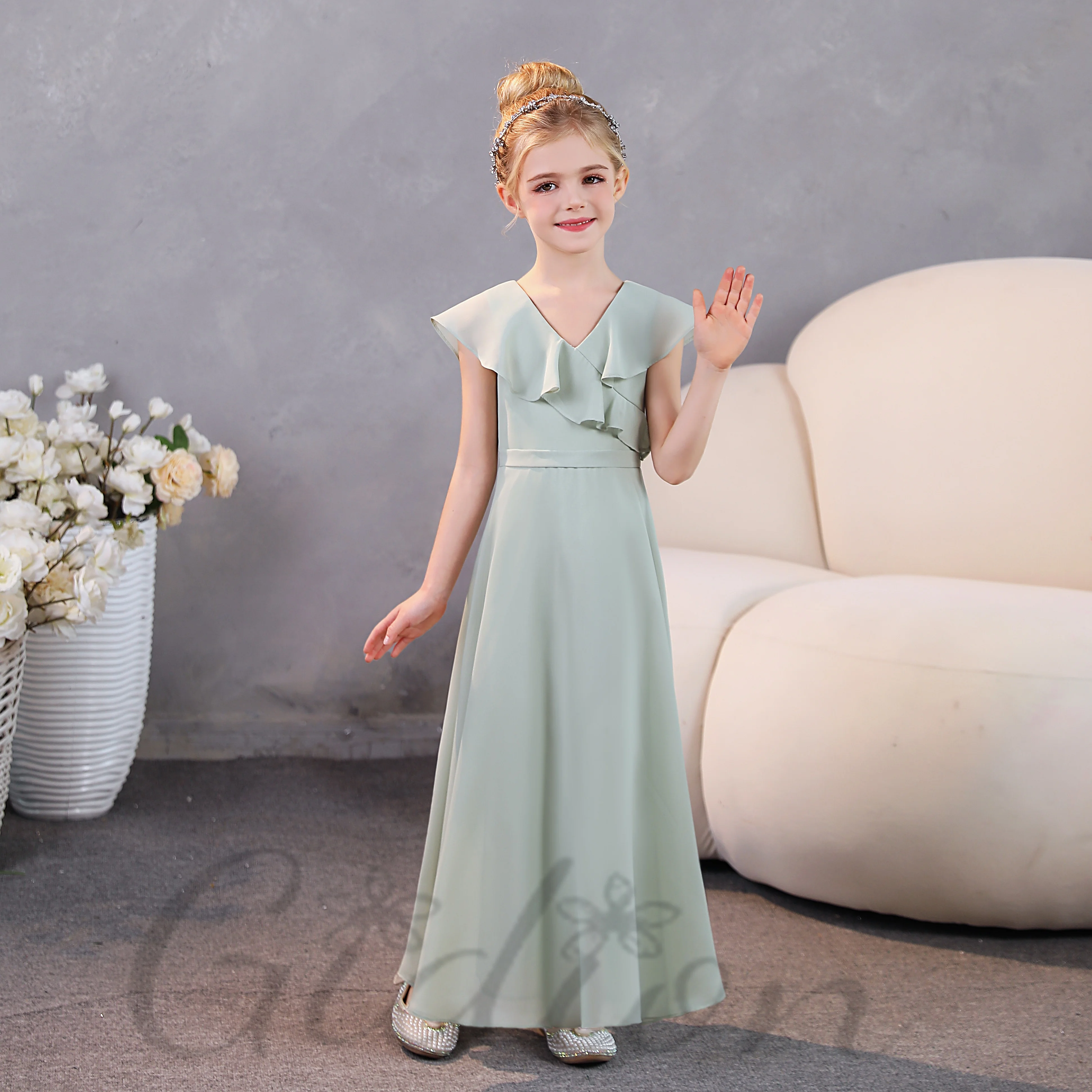 V-Neck Chiffon Junior Bridesmaid Dress For Kids Prom Night Wedding Ceremony Birthday Party Ball Evening-Gown Event Ball Banquet