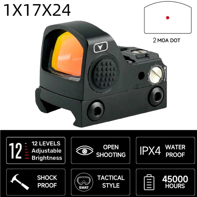 

1x17x24 Red Dot Sight DD02K 2MOA Red Dot Riflescope Compact Viewfinde Adjustable Zoom Anti Recoil Pistol Glock 17 AR15 20-22mm