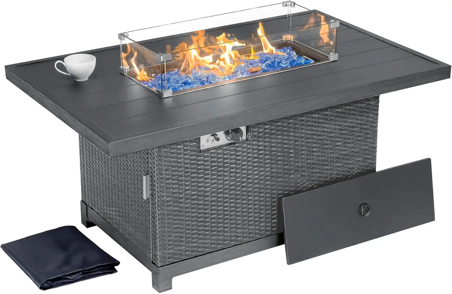 

52-Inch Propane Pit Table with Rectangular Aluminum Frame, 50,000 BTU Outdoor Patio Firepit, Includes Wind Guard and Fire Glass