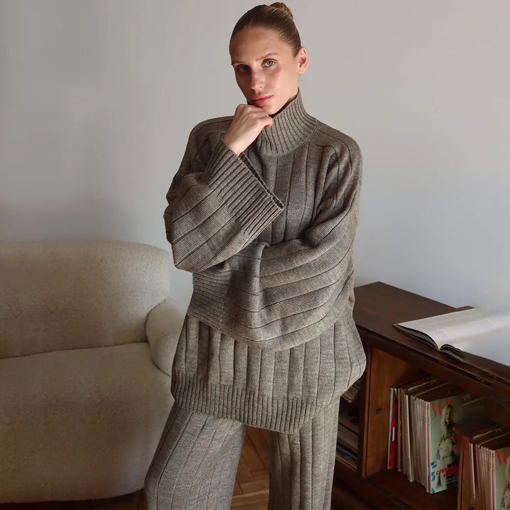 Women Winter Loose Knit Turtleneck Sweater Wide Leg Pants 2 Piece Set