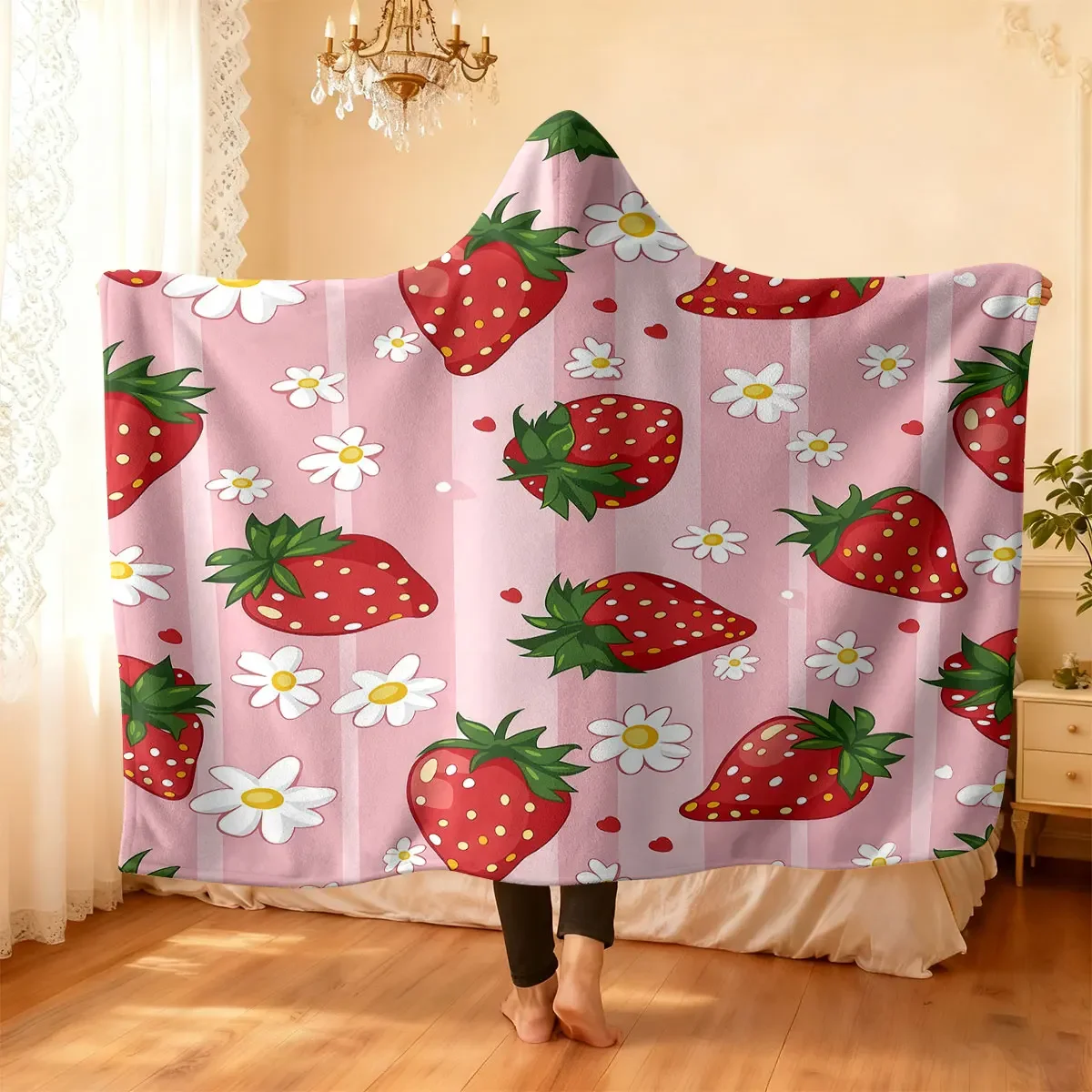 1pc pink striped strawberry daisy print flannel hoodie, can be worn as a cape blanket multiple sizes