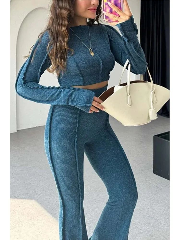 Women\'s Fashionable High-waisted Slim Solid Two-piece Sets Autumn Casual Long Sleeve Crop Tops Bell Bottoms 2 Piece Outfit Home