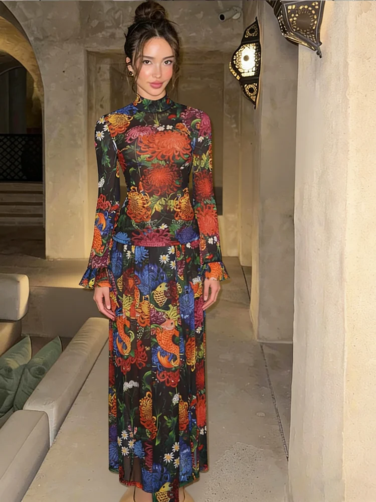 

Новинка от Whatiwear: Весенний трендовый комплект из 2 предметов для женщин – топ с круглым вырезом и длинными рукавами + длинная юбка с ярким цветочным принтом, шикарный, эластичный, в уличном стиле