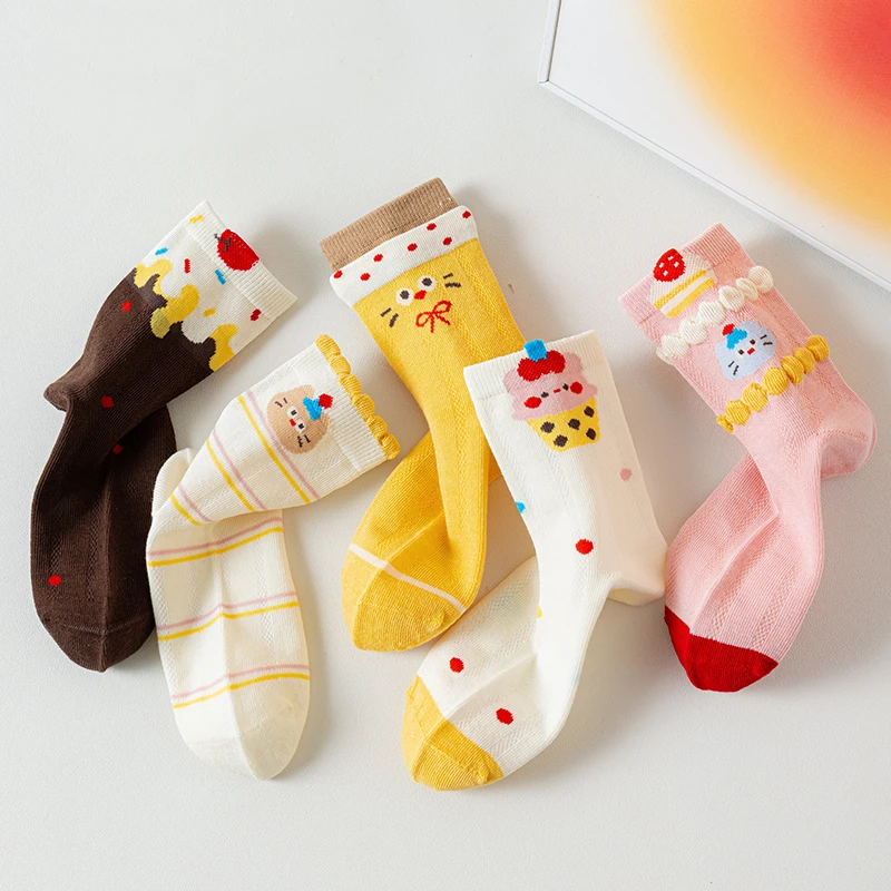 5 Pairs Cute Cartoon Kids Socks Summer Thin Mesh Breathable Pure Cotton Girls Mid-Toddler Big Kids Mid-Calf Socks