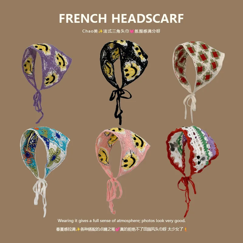 

Knitted Colorful Lace Triangle Head Scarf French Countryside Hair Wrap for Women Breathable Lightweight Boho Style Accessories