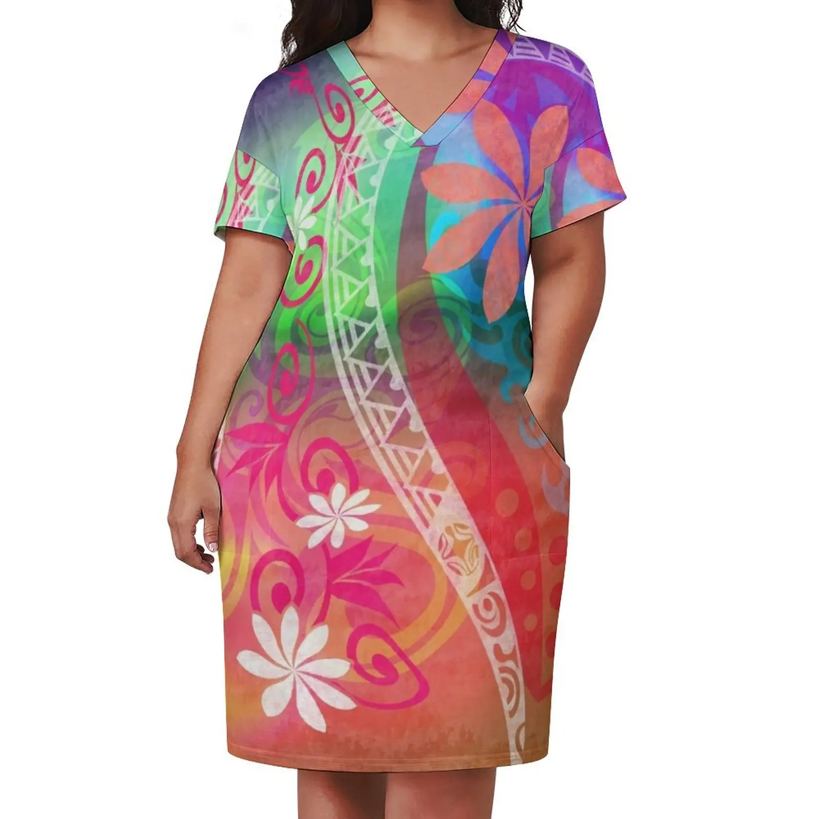 Hawaiian - Samoan Tribal Tiare Watercolor Loose Pocket Dress Woman clothing summer dresses womens 2024