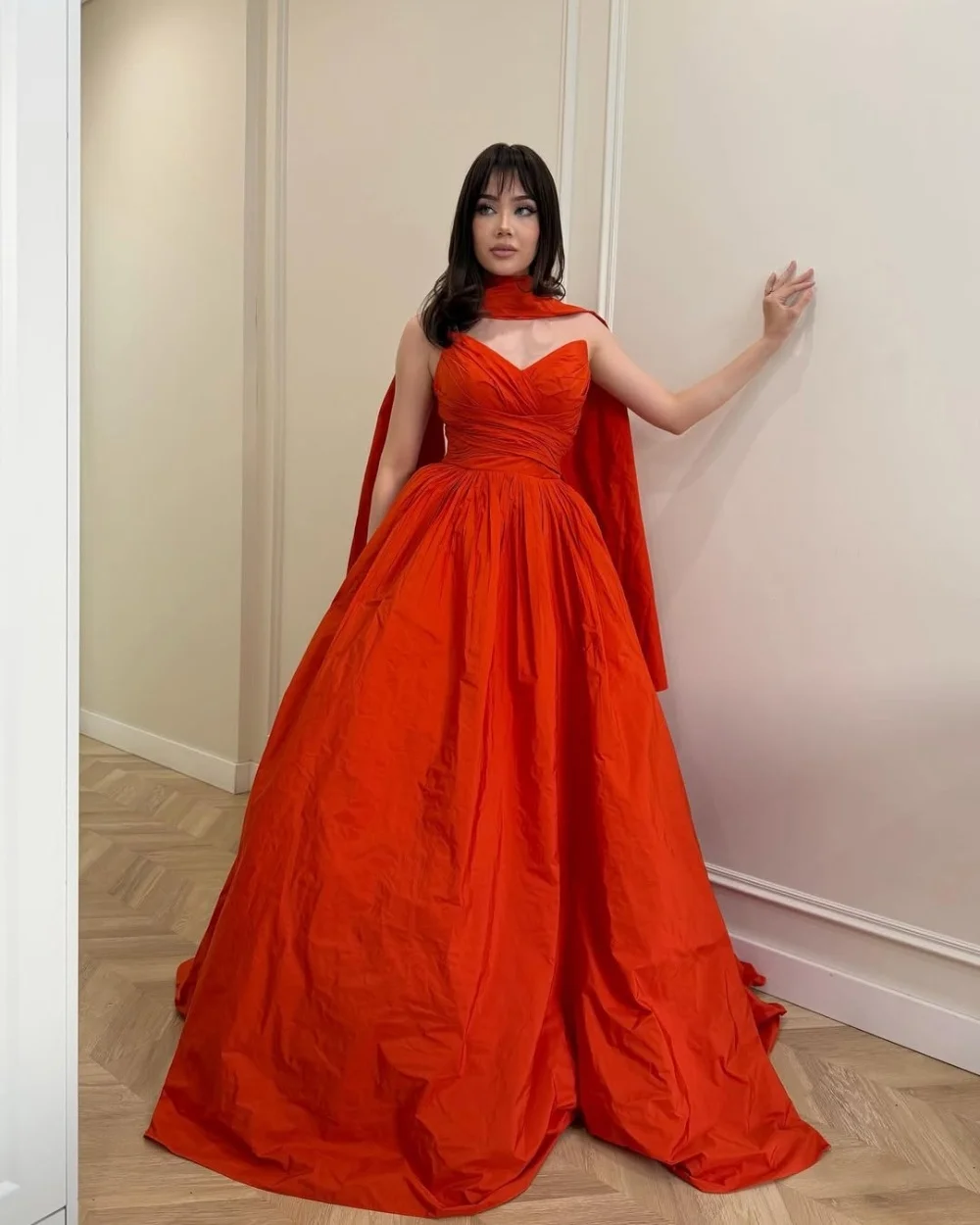 Customized Orange Fashion Modest Pleat Ruched Shawl A-line Strapless Floor-Length Evening Dresses Sizes Available for Woman