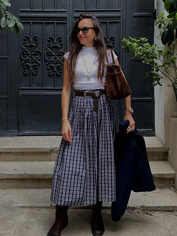 

HH Women's Fashion Plaid Belt Decoration Casual Zipper Long Skirt High Waist Chic Loose Pleated Skirt Women Street Style Skirt