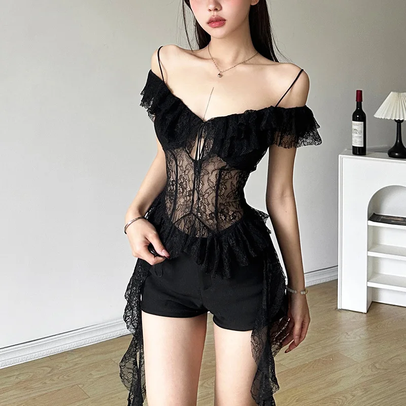 Spring Sexy Women's Solid Color Slim Fit Street Fashion Halter Short-Sleeved Tulle Blouse One-Line Collar Trendy Top for Ladies