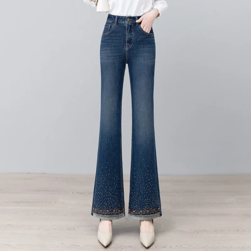 

High Waist Flared Jeans for Women New Style Elegant Slightly Flared Pants Heightening Slimming Elastic Slim Fit Tassel Bootcut P