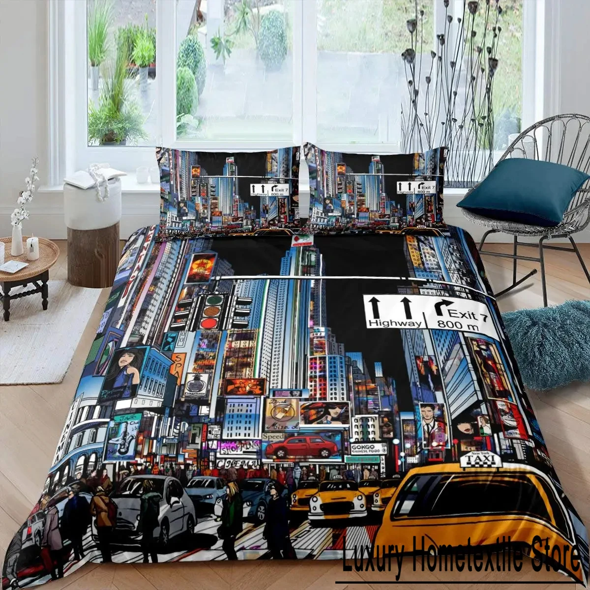 Cityscape Duvet Cover Set New York City Night View Quilt Cover for Boys Adults Microfiber Building Bedding Set 2/3Pcs King Size