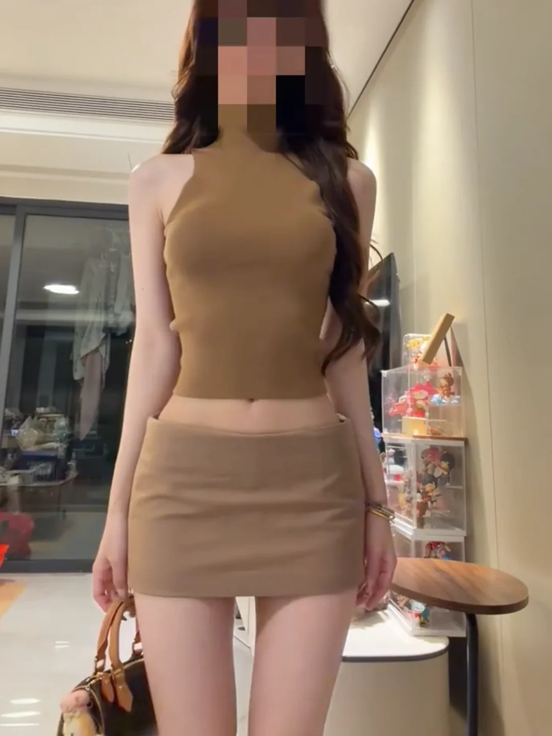 

Sexy Spicy Girl Retro Khaki Stand Collar Knitted Sleeveless Vest Top Summer Pure Desire Bodycon Short Skirt Two Piece Set