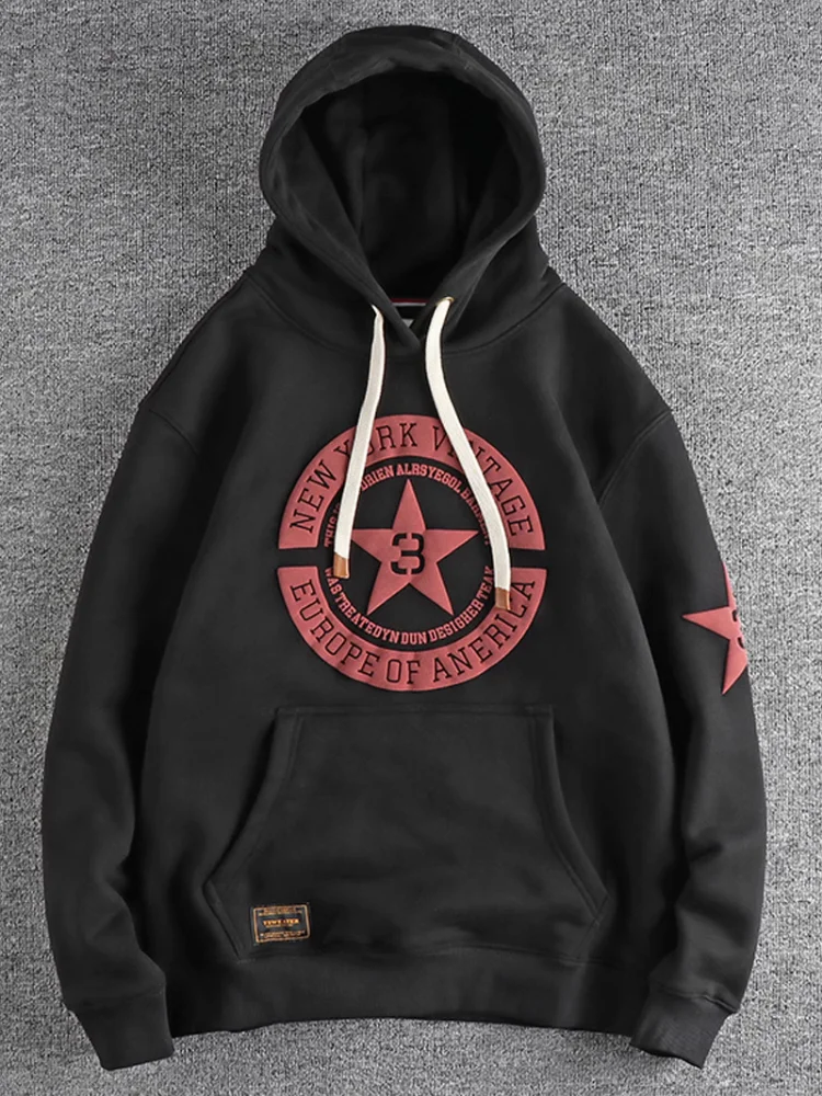 Autumn Winter New American Retro Thick Velvet Hooded Pentagram Printed Sweatershirts Men\'s Fashion Loose Casual Pullover Hoodies