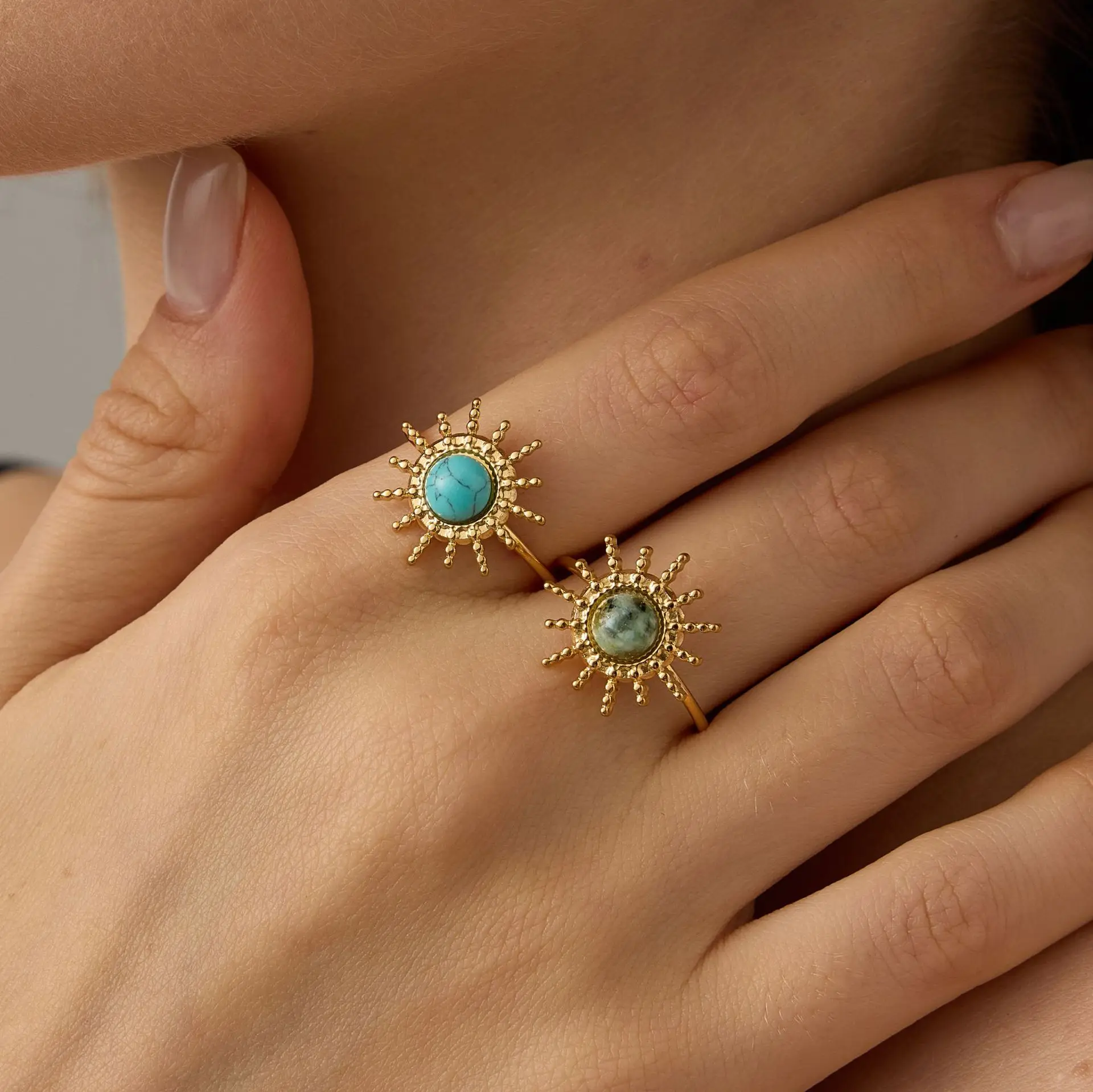2026 Bohemian Stainless Steel Natural Stone Open Rings Celestial Sun Fashion Finger Rings For Women Men Daily Wear Jewelry Gift