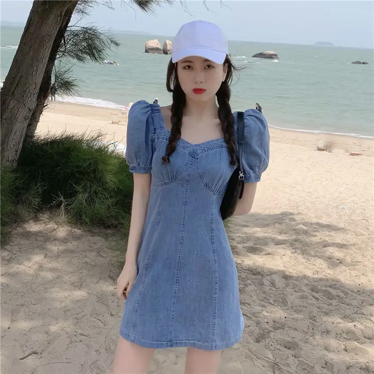 Sommer Französisch Nische Temperament Taille Kleine Puff Hülse Kleid Weibliche Süße Hülse Denim Kleid Frauen Kleider