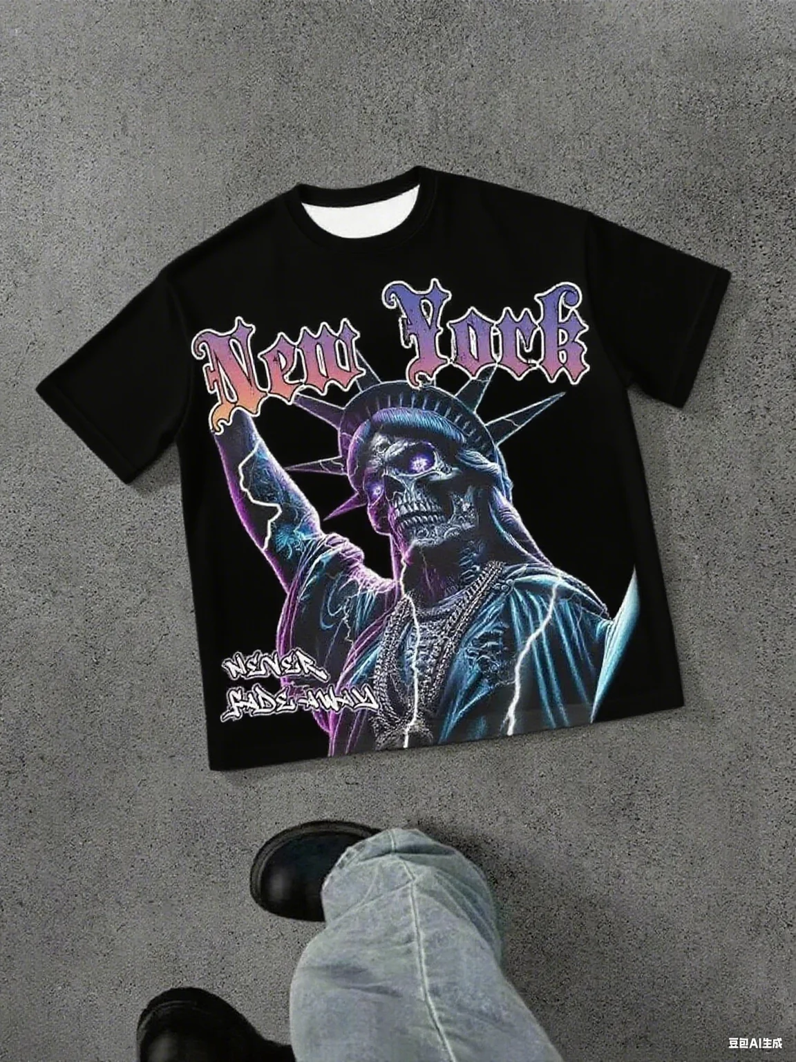 Pure Cotton Short - Sleeve Tee, Unique New York Skull Statue of Liberty Print, Edgy Streetwear, Soft Fabric for Casual Looks