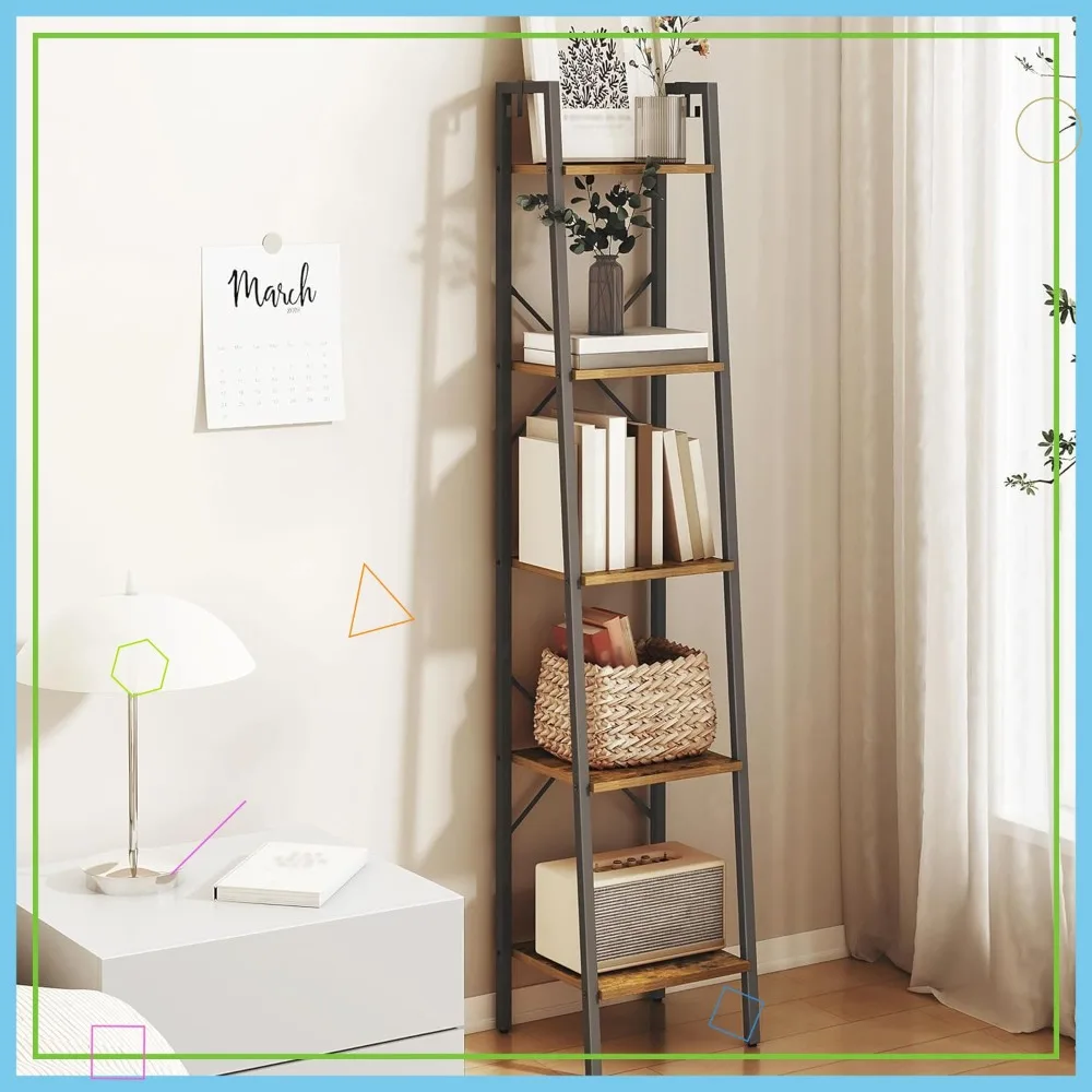 

Промышленная лестничная полка, 5-уровневый отдельно стоящий книжный шкаф с крючками для домашнего офиса, гостиной, кухни, спальни, хранения