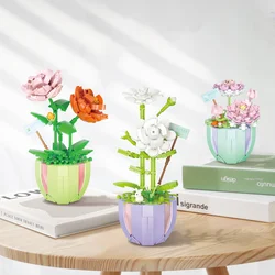 Building Block Bouquet 3D Model Home Decoration Plant Potted Chrysanthemum Rose Flower Assembly Brick Toy For Grils Gift