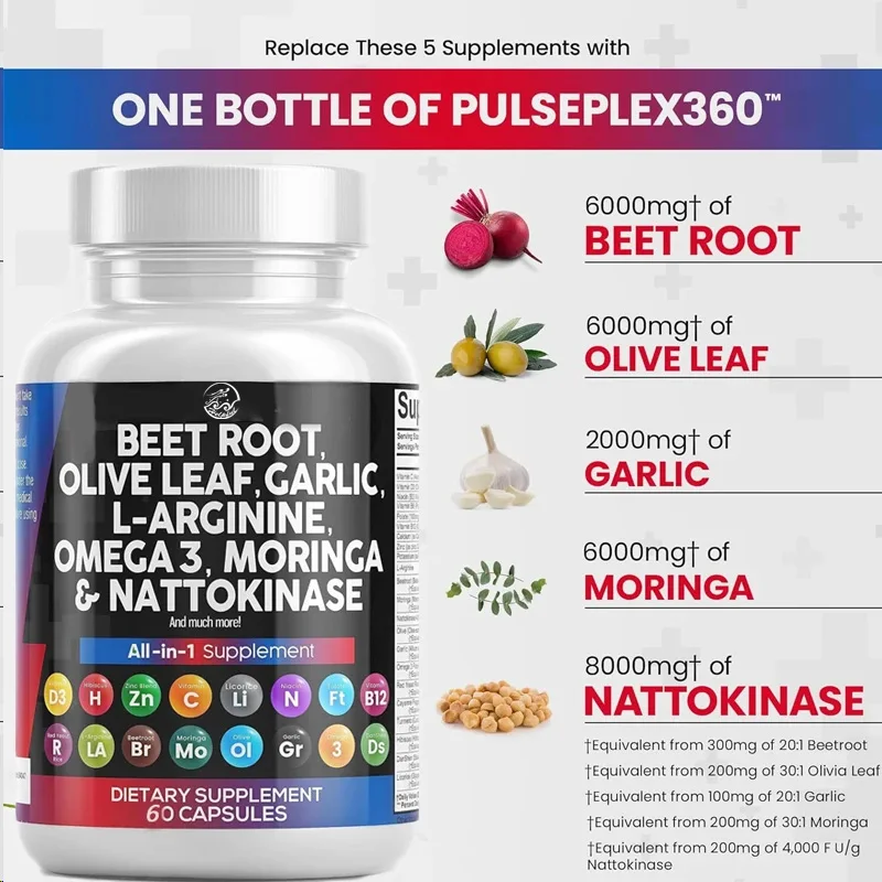 Beet Root 60 Capsules 6000mg Olive Leaf 6000mg Nattokinase 4000 FU Garlic Extract 2000mg L-arginine 400mg Omega 3 Hibiscus