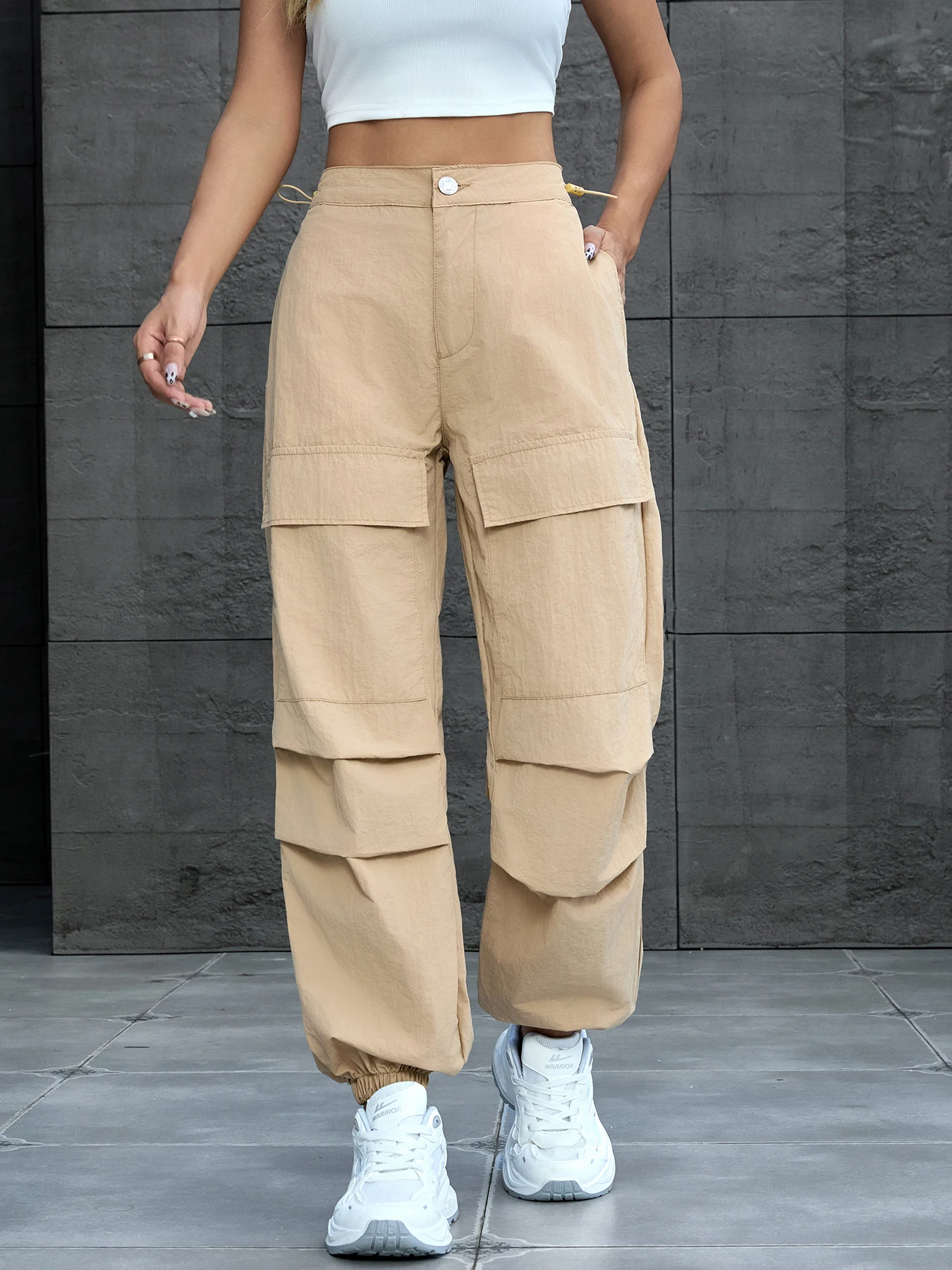 Women's fashion pants, 2 pocket overalls, elastic rope waist, elastic foot, loose pants, suitable for all seasons-2409