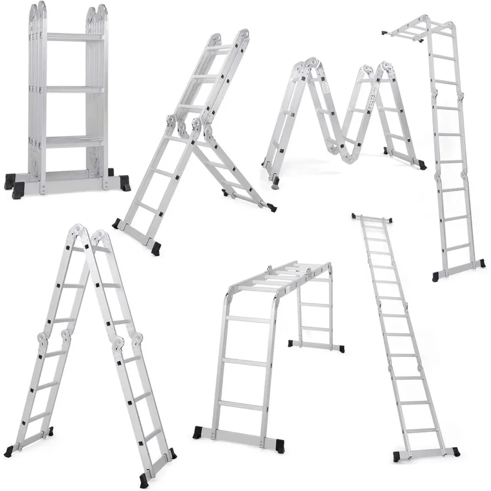 Folding Ladder, 12.5FT Multi-Purpose Aluminium Extension, 7 in 1 Heavy Duty Collapsible Ladder, 330LBS Capacity Step Platform