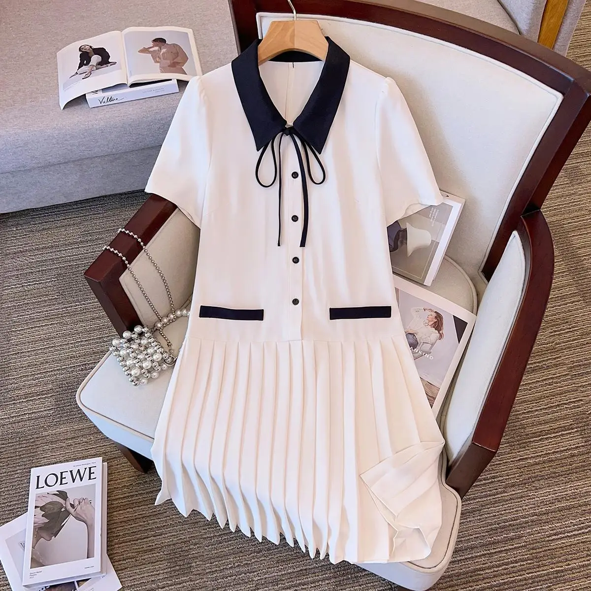 Summer Plus Size L-4XL White Knee Dress Peter Pan Collar Short Sleeve Black Patchwork French Pleated Dresses For Women Clothing