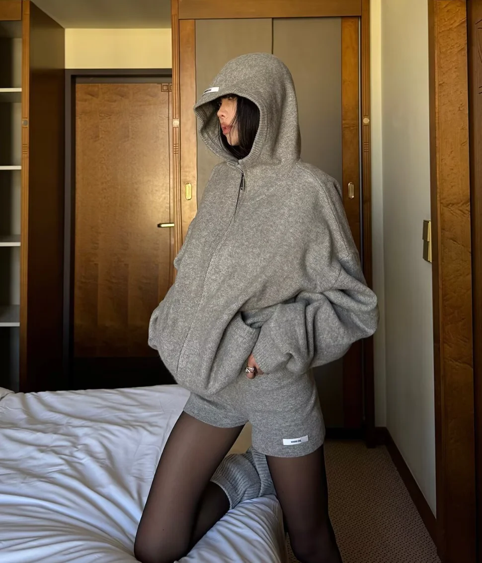 

Casual Grey Long Sleeve Hoodie Women's Two-Piece Set Lazy Style Autumn Initial Straight Leg Shorts Outfit Comfortable Ensemble