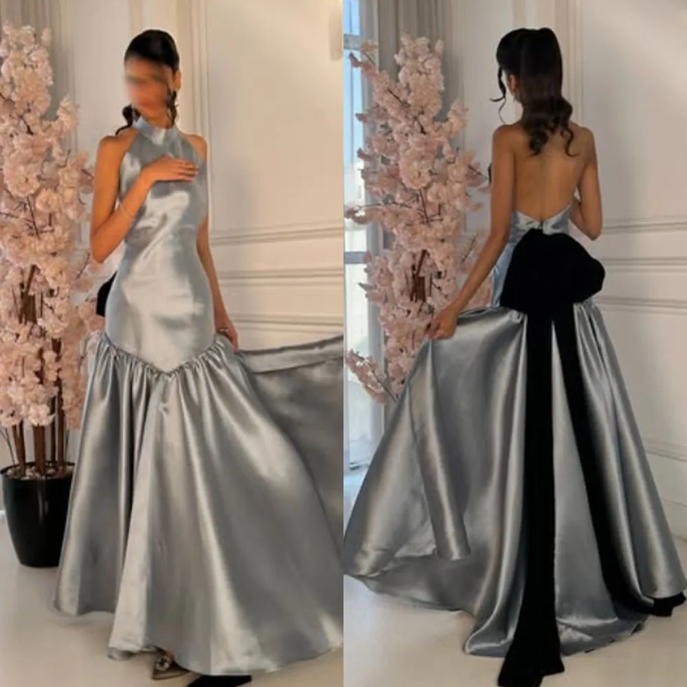 

High Quality Customized Sleeveless Color Contrast Backless Pleat Halter Floor Length Vestido De Festa De Casamento Prom Dresses