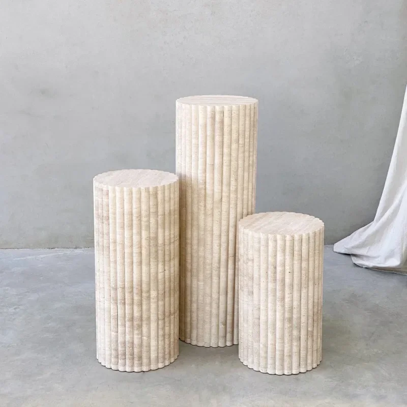 OEM Natural Beige Travertine Stone Roman Column Stripe Plinth Cake Stand Display Living Room Home Furniture Cube Coffee Table