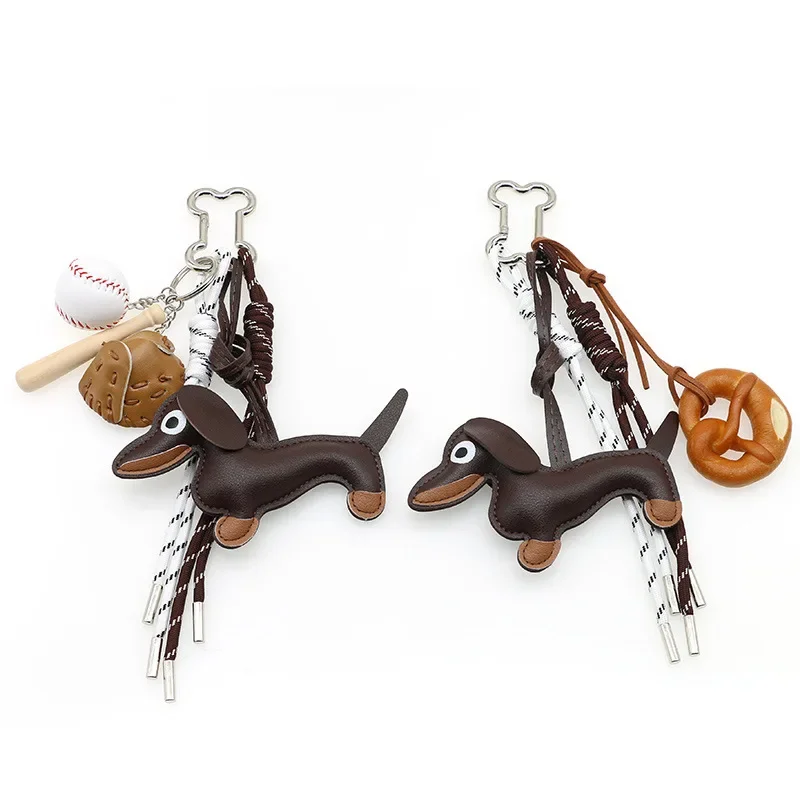 Trendy Korean Style Cartoon Sausage Dog Baseball Bag Charm Accessory for Girls Miu Series Keychain Leather Material