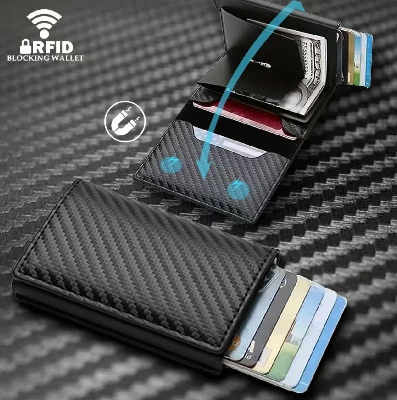 Magnetic Anti-theft Brush Carbon Fiber Pop Up Wallet for Men - Slim, Minimalist, and Durable Design with Smart Card Holder and S