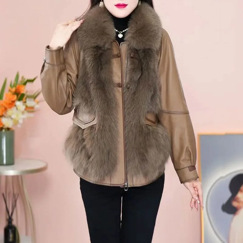 

Short Down Jacket for Women, Faux Fur Coat, Pu Leather, White Duck Down, Loose Casual Top, Warm Outwear, Fashion, Winter, 2024